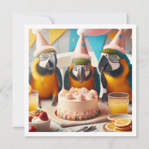 Parrots eating birthday cake, bird birthday invitation