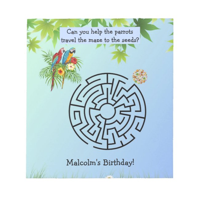 Parrots find Seeds maze on birthday notepads (Front)