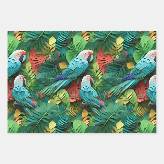 Parrots Floral Kirigami Wrapping Paper Sheets (Front)