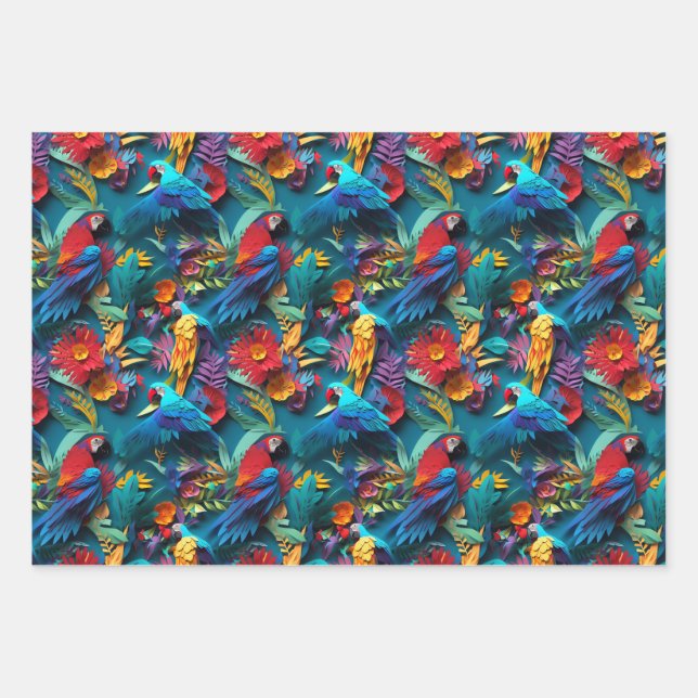 Parrots Floral Kirigami Wrapping Paper Sheets (Front)