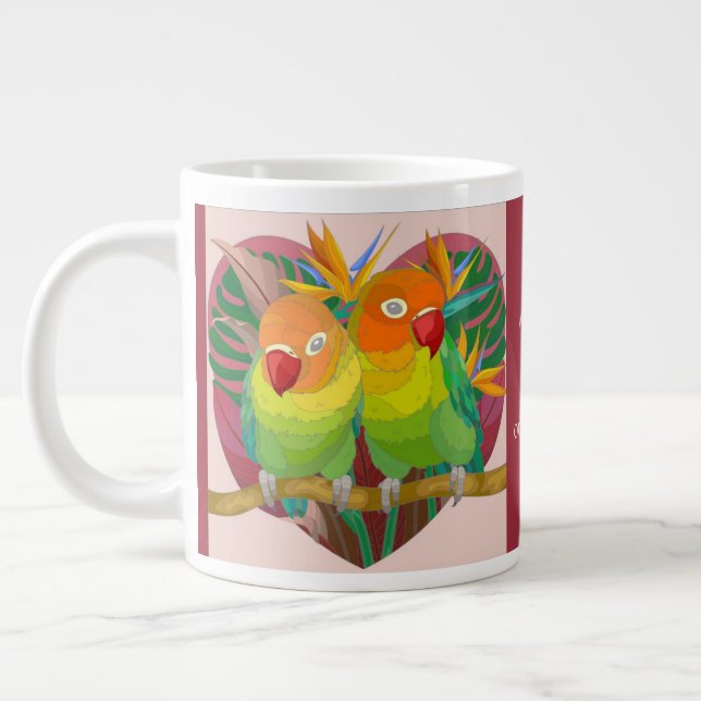 Parrots in heart; personalize w names/anniversary giant coffee mug (Left)