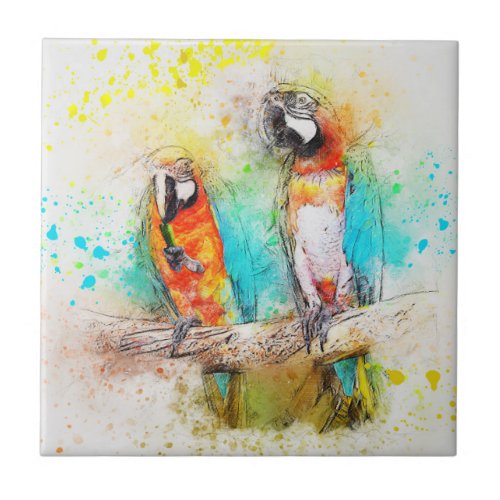 Parrots in watercolor ceramic tile