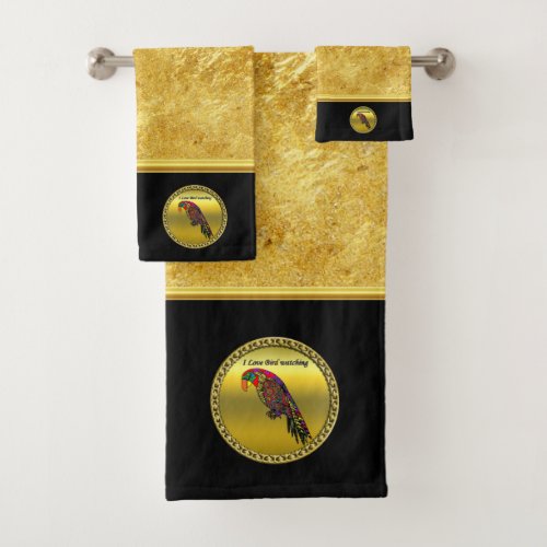 Parrots in yellow red green blue gold foil bath towel set