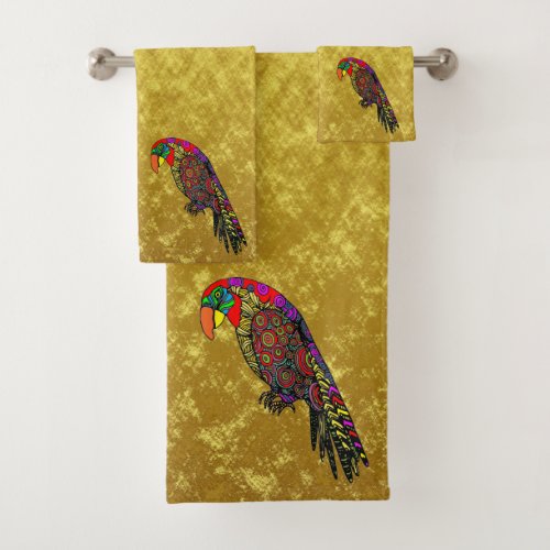Parrots in yellow red green blue gold foil bath towel set