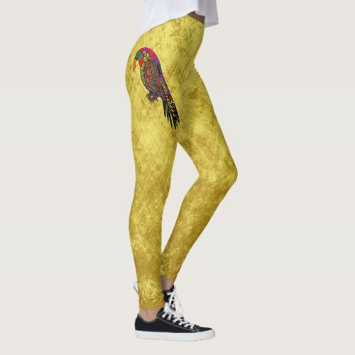 Parrots in yellow red green blue gold foil leggings