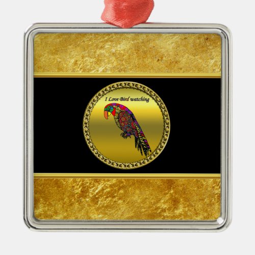 Parrots in yellow red green blue gold foil metal ornament