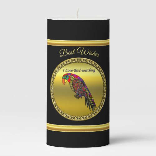 Parrots in yellow red green blue gold foil pillar candle