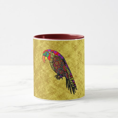Parrots in yellow red green blue gold mug