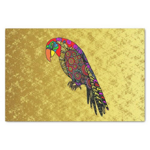 Parrots in yellow red green blue gold tissue paper