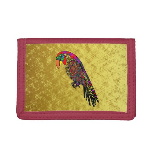 Parrots in yellow red green blue gold trifold wallet