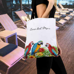 Parrots leaves summer house name tote bag