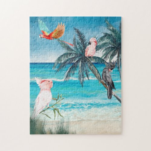 Parrots Macaw Cockatoo Beach Sea Watercolor  Jigsaw Puzzle