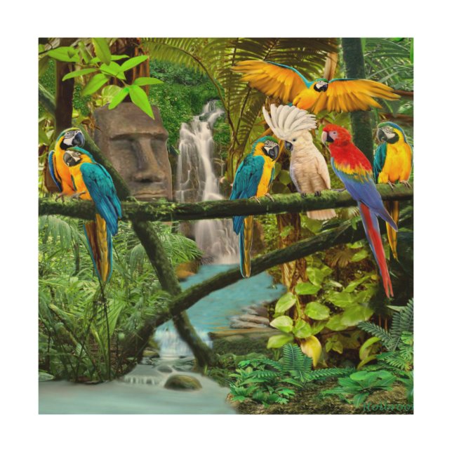 PARROTS OF THE HIDDEN JUNGLE WOOD WALL ART (Front)