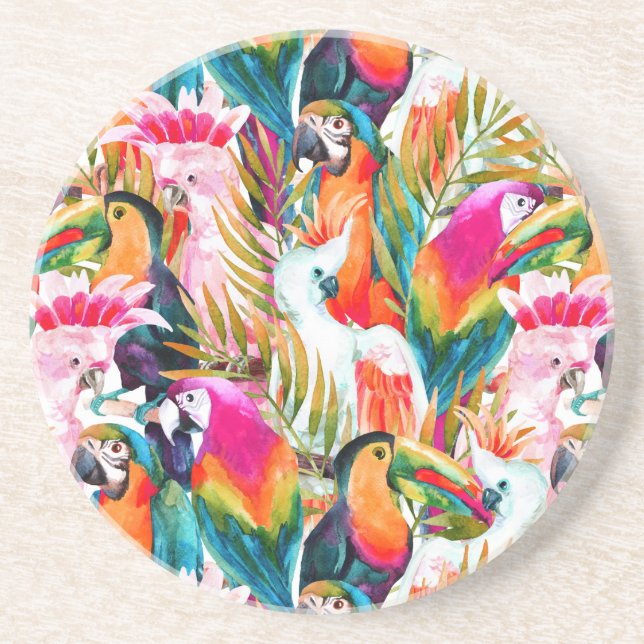 Parrots & Palm Leaves Drink Coaster (Front)
