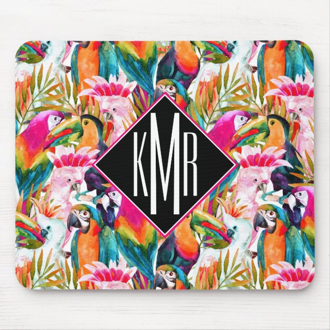 Parrots & Palm Leaves | Monogram Mouse Pad (Front)
