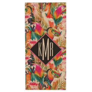 Parrots & Palm Leaves Monogram Wood Flash Drive