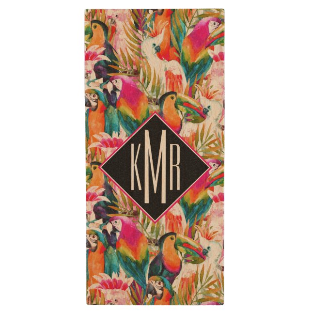 Parrots & Palm Leaves | Monogram Wood Flash Drive (Front Vertical)