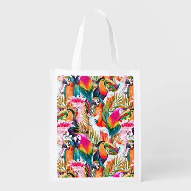 Parrots & Palm Leaves Reusable Grocery Bag (Front)