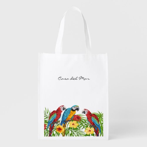 Parrots palm leaves summer house name grocery bag