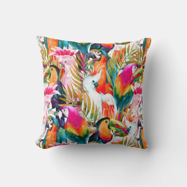 Parrots & Palm Leaves Throw Pillow (Front)
