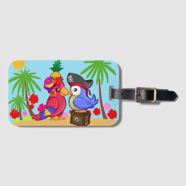 Parrots Pirates Treasure Love Cartoon Luggage Tag (Front Horizontal)