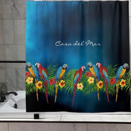 Parrots red blue sky palm leaves house name shower curtain