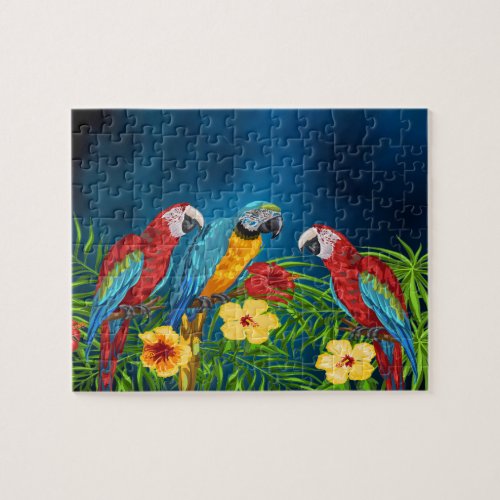 Parrots tropical birds florals blue sky jigsaw puzzle