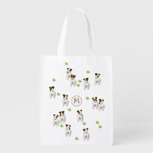 Parson / Jack Russell Terriers dogs w tennis balls Grocery Bag