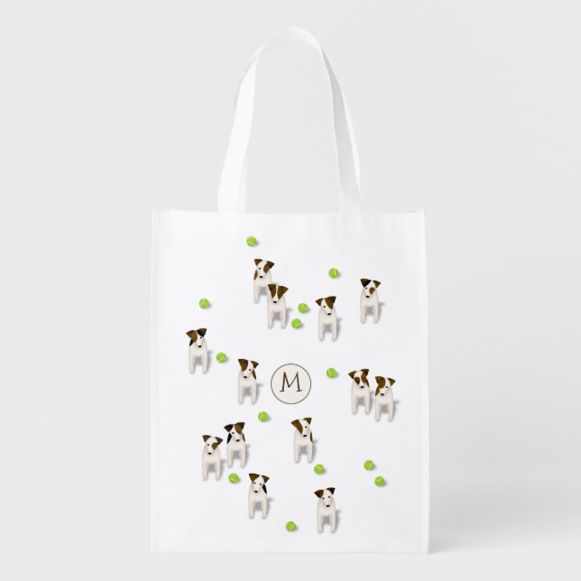 Parson / Jack Russell Terriers dogs w tennis balls Grocery Bag (Front)