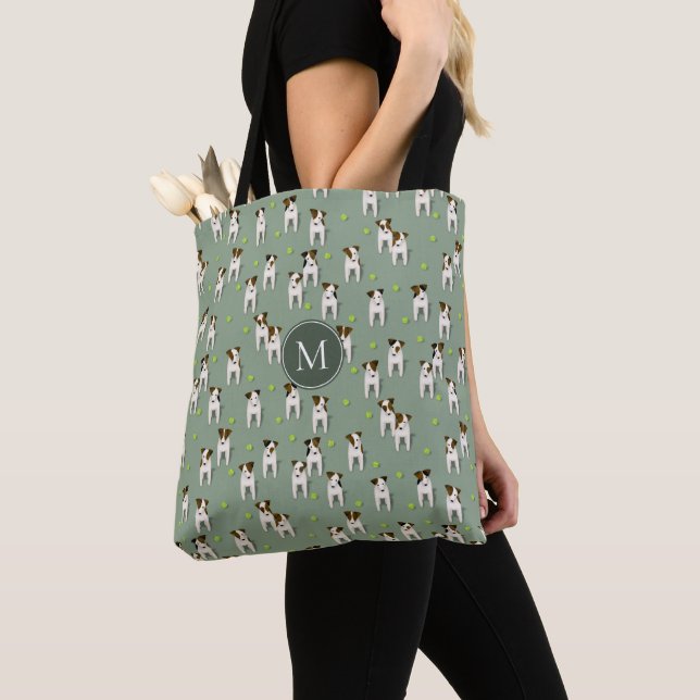 Parson Jack Russells dogs tennis balls sage green Tote Bag (Close Up)