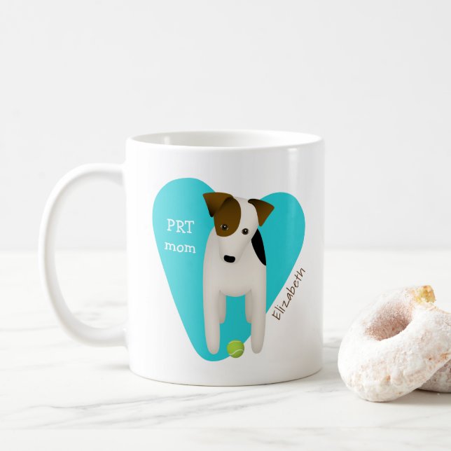Parson Russell dog w ball PRT mom turquoise heart Coffee Mug (With Donut)