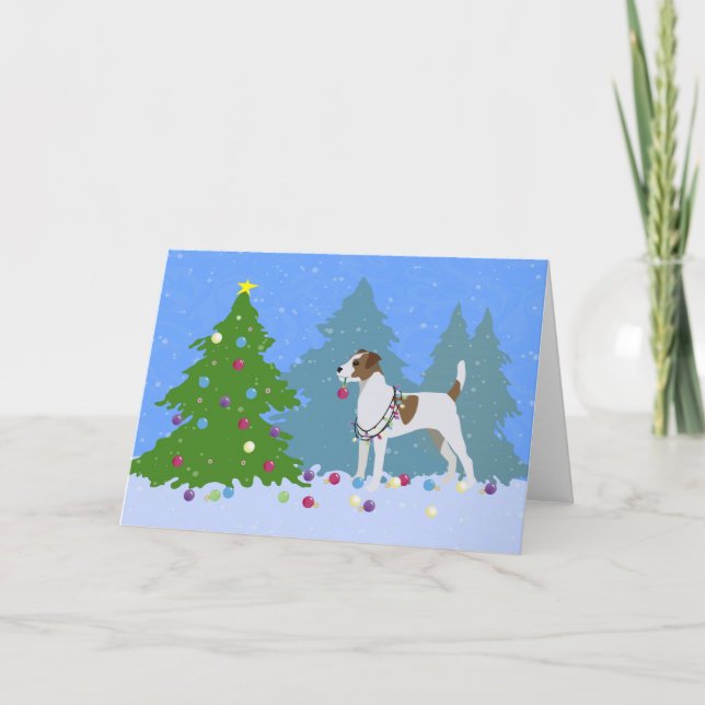 Parson Russell Terrier Decorating Christmas Tree Holiday Card (Front)