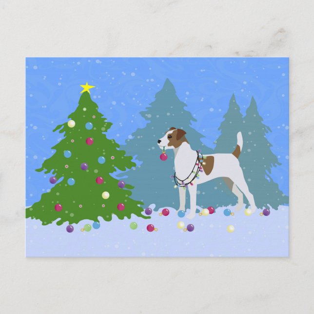 Parson Russell Terrier Decorating Christmas Tree Holiday Postcard (Front)