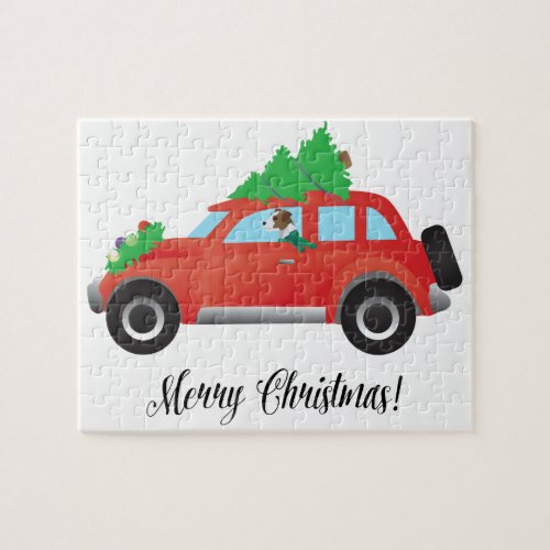 Parson Russell Terrier Driving Christmas Car Jigsaw Puzzle