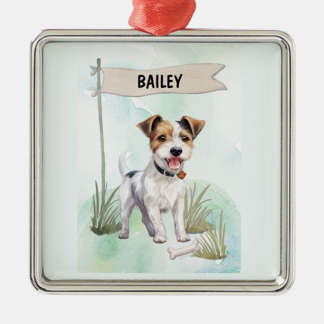 Parson Russell Terrier Watercolor Personalized Dog Metal Ornament (Front)