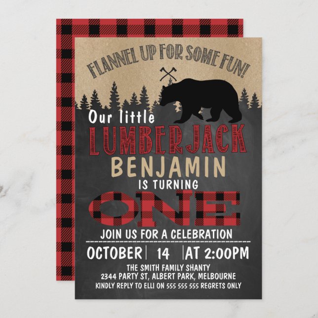 Part Chalkboard Lumberjack 1st Birthday Invitation (Front/Back)