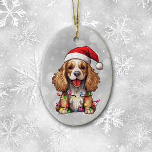 Parti Cocker Spaniel Wrapped in Christmas Lights Ceramic Ornament