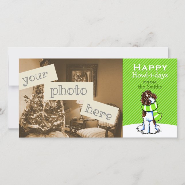 Parti Labradoodle Scarf Christmas Modern Green Holiday Card (Front)