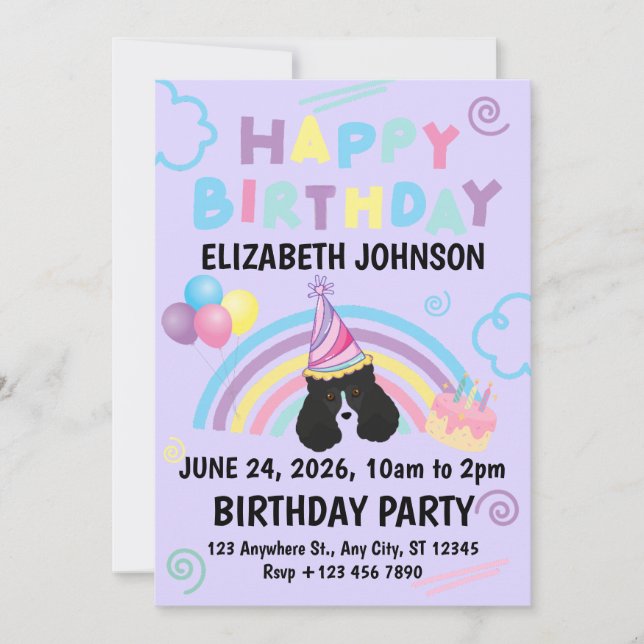 Parti Poodle Birthday Invitation in Purple (Front)