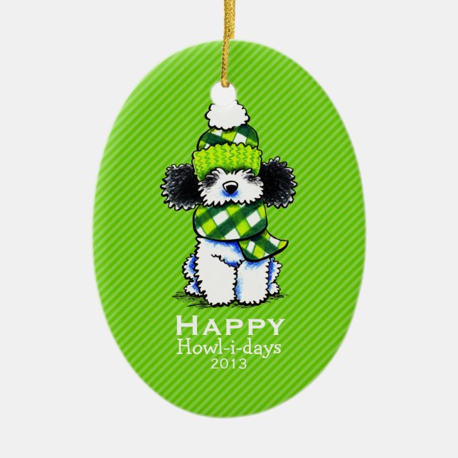 Parti Poodle Plaid Scarf Christmas Stripe Custom Ceramic Ornament (Front)