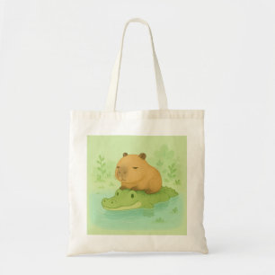 (partial) Chill Brown Capybara on Green Crocodile  Tote Bag