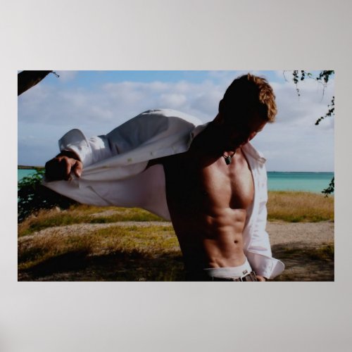 Partially Open Shirt on Beach Backdrop Poster