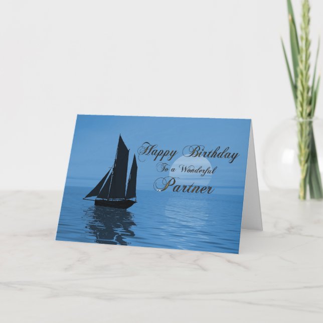 Partner, a sunset yacht birthday card (Front)