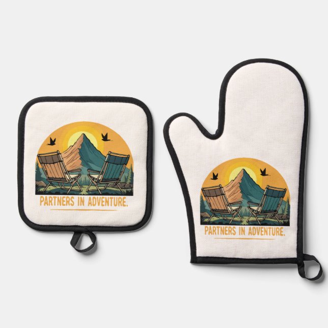  Partners in Adventure | Retro Mountain Camping  Oven Mitt & Pot Holder Set (Front)