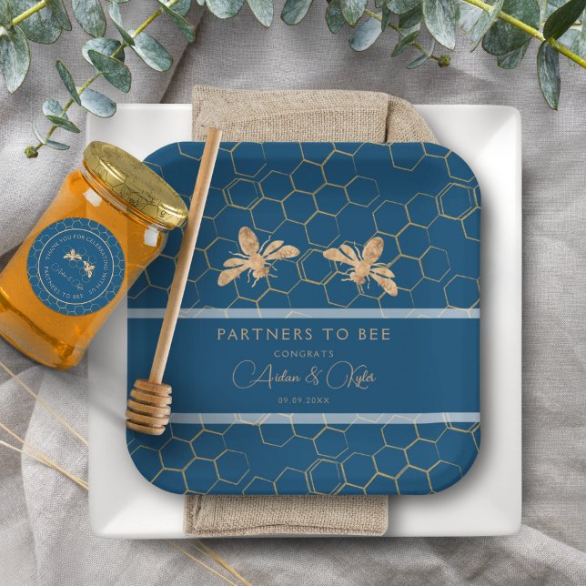 Partners to Bee Indigo & Honeycomb Wedding Shower Paper Plates (Creator Uploaded)