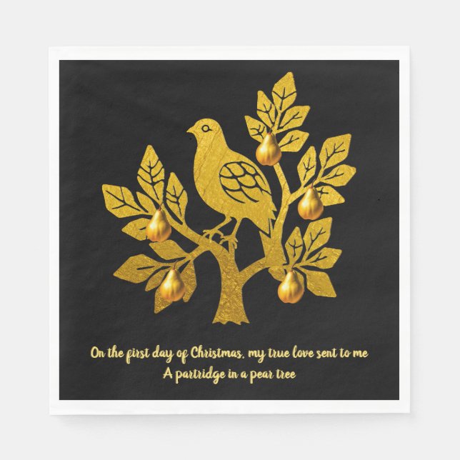 Partridge In A Pear Tree Black Gold Christmas Napkins (Front)