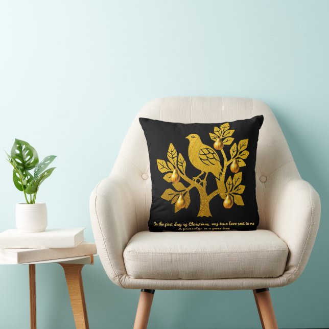 Partridge In A Pear Tree Chic Black Gold Christmas Throw Pillow (Chair)