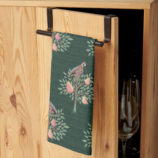 Partridge in a pear tree Christmas Carole on green Kitchen Towel (Thirds Fold)