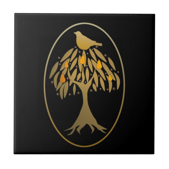 Partridge in a Pear Tree Gold Ceramic Tile (Front)