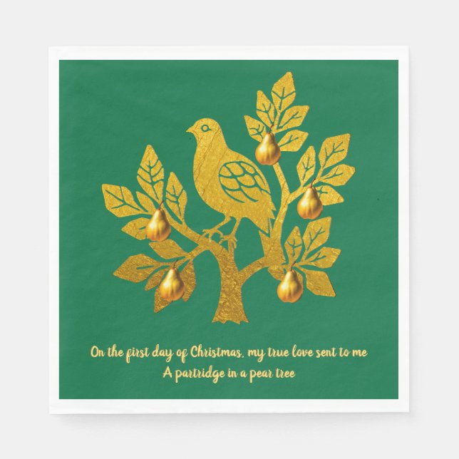 Partridge In A Pear Tree Green Gold Christmas Napkins (Front)